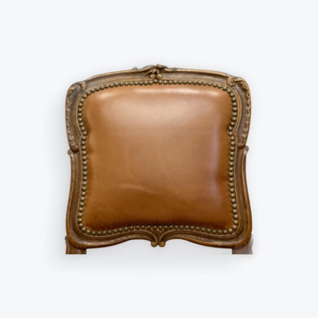 18th C Hand Carved Oak French Chair. Upholstered in Carmel Leather W Nailhead Trim. 8 Available. For Sale - Image 4 of 6