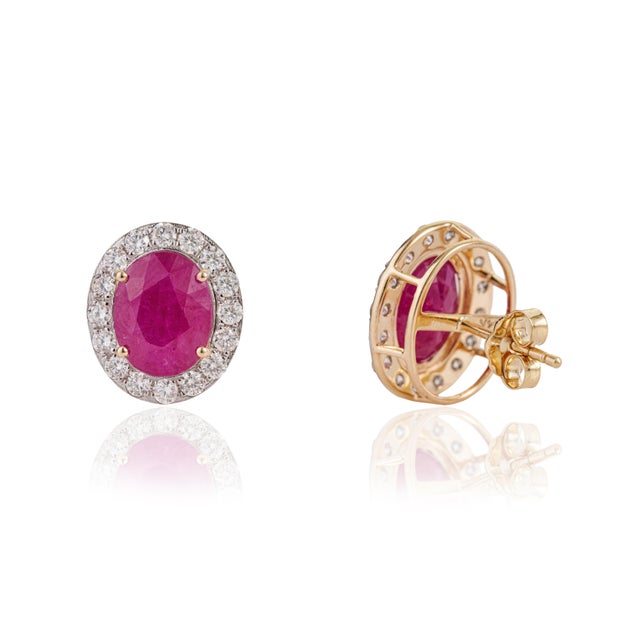 Metal 7.21ct Oval-Cut Ruby & 1.16ct Diamond Halo Stud Earrings in 18k Yellow Gold- A Pair For Sale - Image 7 of 16