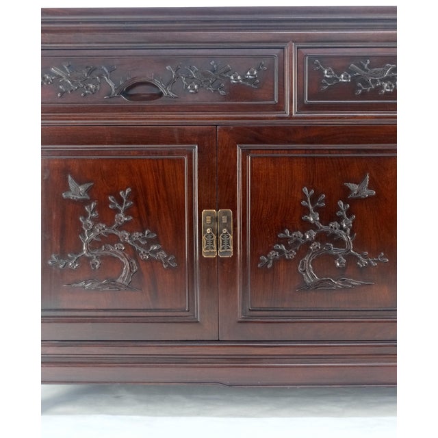 Asian Mid Century Modern Carved 4 Doors 3 Drawers Credenza Dark Solid Teak MINT For Sale - Image 11 of 16