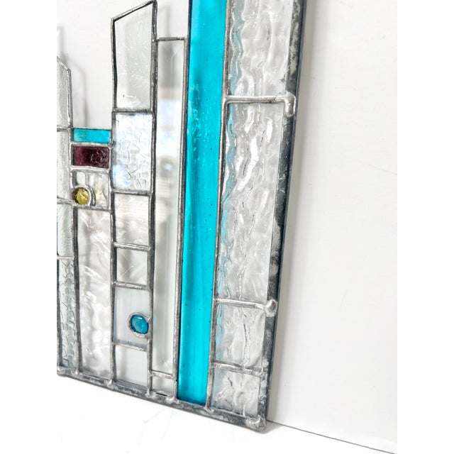 1980s Vintage Geometric Stained Glass Panel – Art Deco, Abstract Modern Window Hanging, Teal Glass Wall Decor For Sale - Image 5 of 10