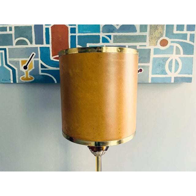 Large Regency Style Amber Acrylic Glass Buffet Table Lamp with Brown Drum Lampshade, 1970s For Sale - Image 11 of 16