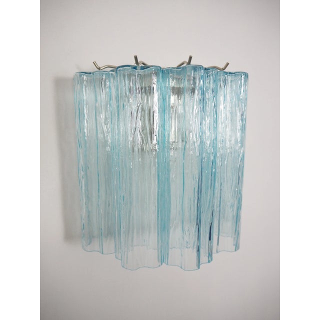 Italian Pair of Murano Glasses Tube Wall Sconces 5 Blue Glass Tubes, Handmade in Murano For Sale - Image 3 of 11