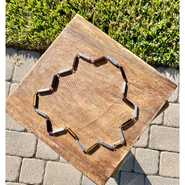 Contemporary Carved Tiger Eye Gemstones + Sterling Siver Modernist Minimalist Link Necklace For Sale - Image 3 of 8