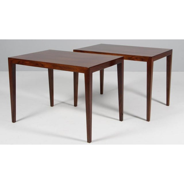 Severin Hansen set of side tables / bed side tables. Rosewood veneer. Made by Haslev Møbler, 1960s. This piece is...