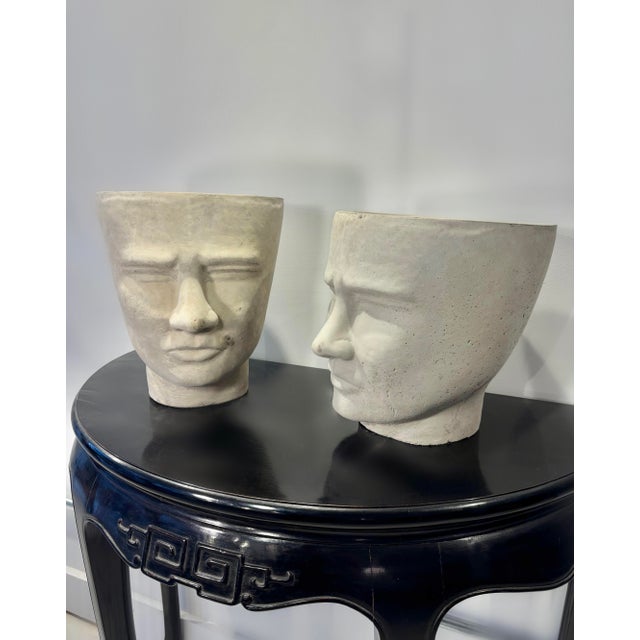 Artisinal Concrete Face Pots, Set of 2 For Sale - Image 4 of 9