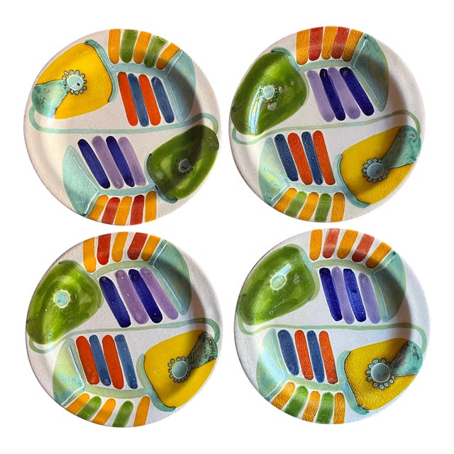Mid-Century Modern Hand Painted Italian Pottery Plates by Desimone Circa 1960's - Set of 4 For Sale