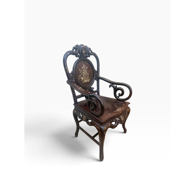 Vintage Chinese Hardwood Armchair With Mother-of-Pearl Inlay and Carved Longevity Motifs For Sale - Image 4 of 15