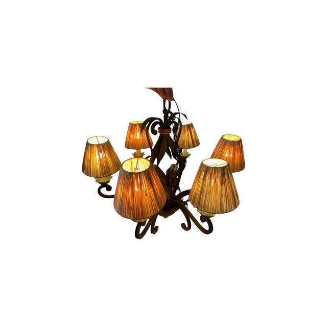 Mid 20th Century Wrought Iron Parrot Chandelier With 6 Lights, Shades For Sale - Image 4 of 8