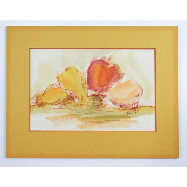 Watercolor on paper of pears and apples. Signed Buster lower right corner. Unframed, displayed in mat and backing, age...