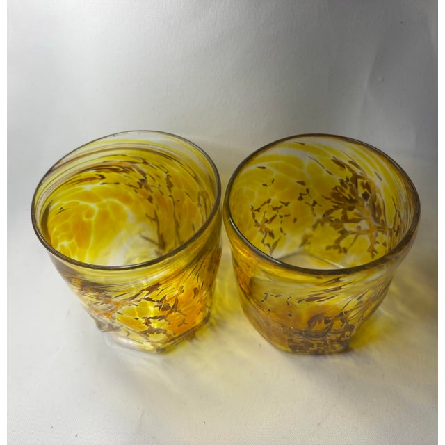 Mid 20th Century Vintage Murano Goti De Fornasa Amber Yellow & Brown Swirl Art Glass Tumblers — Pair For Sale - Image 5 of 12