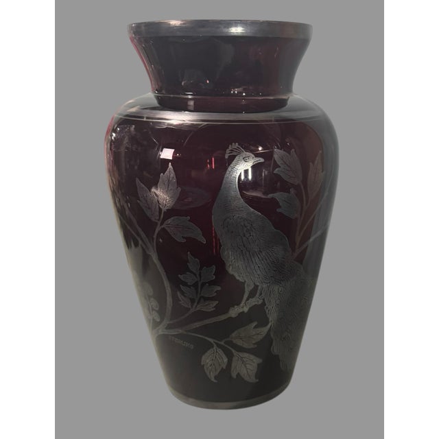 Purple Antique Amethyst Purple Glass Vase Sterling Silver Overlay Peacock 10.5” For Sale - Image 8 of 8
