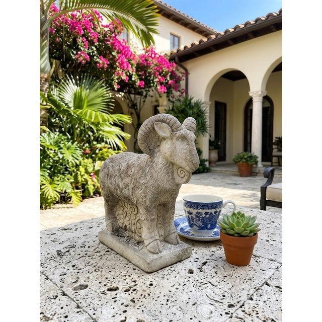 Stone Vintage Stylized Cast Stone Ram Garden Statue With Swirl Relief Detail For Sale - Image 7 of 12