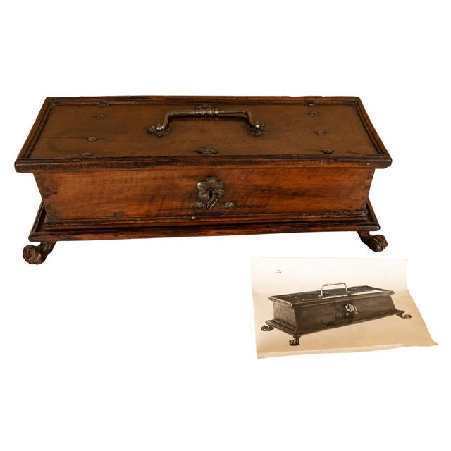 Antique Italian Baroque Walnut & Engraved Iron Jewelry Strong Box Cassone 1600 For Sale - Image 16 of 17