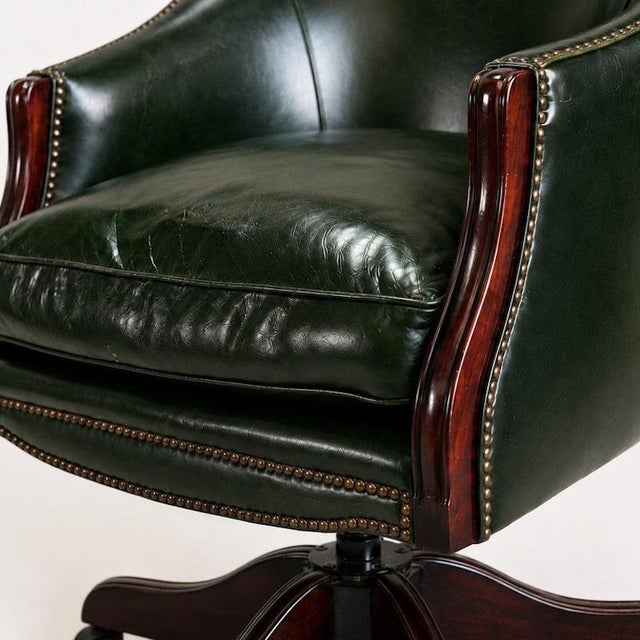 Brown Vintage Racing Green Leather Swivel Desk Chair Mahogany-Toned Base and Nail Trim, 1990s For Sale - Image 8 of 10