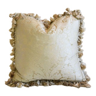 French Silk Soothing Ivory-Hued Tasseled Feather/Down Pillow 20" Square For Sale