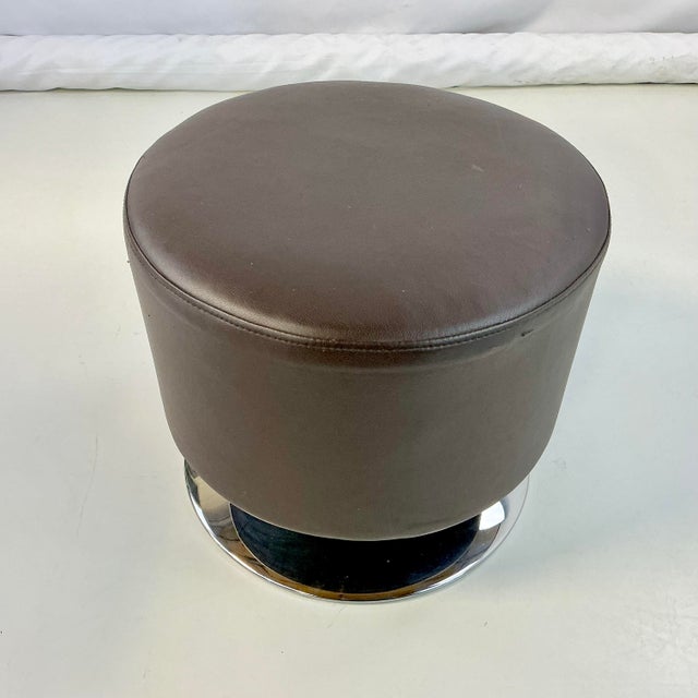 1990s Contemporary Modern Italian Brown Faux Leather With Chrome Pedestal Base Low Stool For Sale - Image 5 of 9
