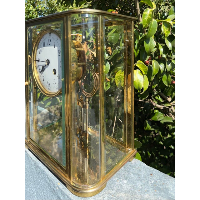 Antique French Art Deco Crystal Regulator Mantel Clock With Curved Glass For Sale - Image 9 of 12