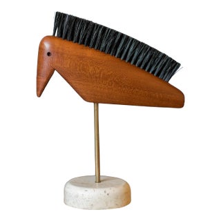 Mid Century Modern Teak Wood Animal Bird Sculpture Shoe Brush on Stone For Sale