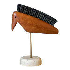 Mid Century Modern Teak Wood Animal Bird Sculpture Shoe Brush on Stone