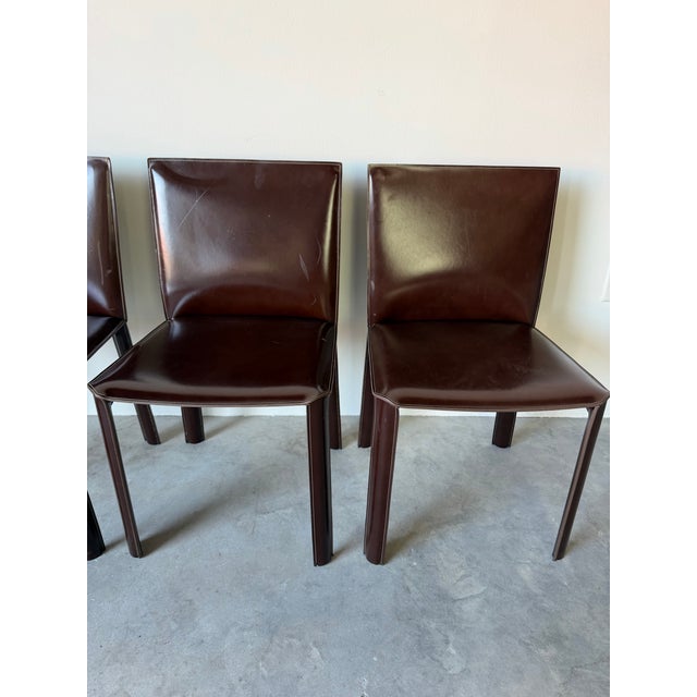 Vintage Italian Mario Bellini Style Brown Leather Dining Chairs – Set of 4/Sold For Sale - Image 4 of 12