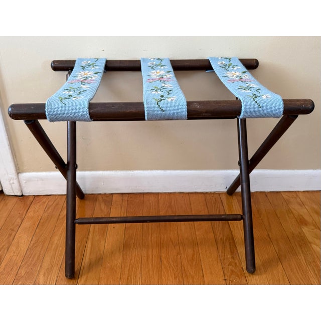 Wood Mid 20th Century Needlepoint Wood Luggage or Serving Tray Rack Stand For Sale - Image 7 of 8