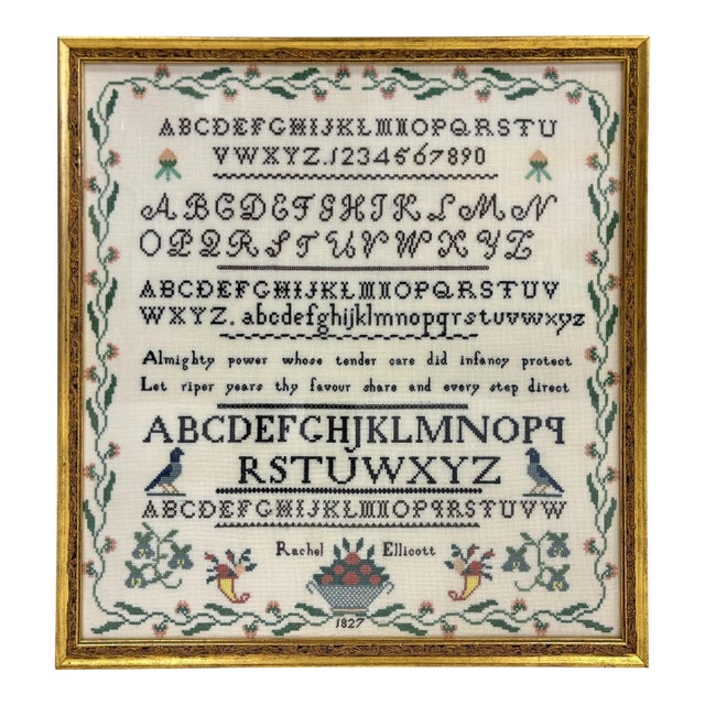 Antique Rosebuds and Bluebirds Cross Stitch Sampler Reproduction For Sale