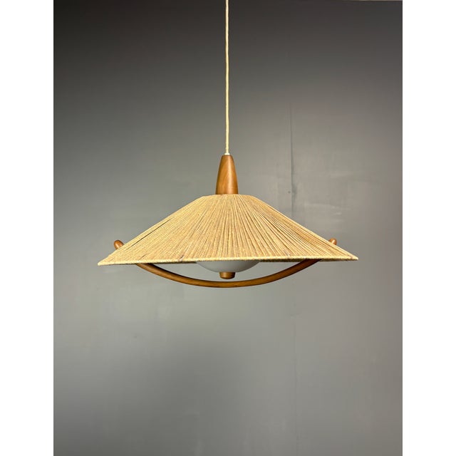Mid-Century Modern Large Mid-Century Teak and Sisal Cord Pendant Light from Temde Leuchten, 1960s For Sale - Image 3 of 11