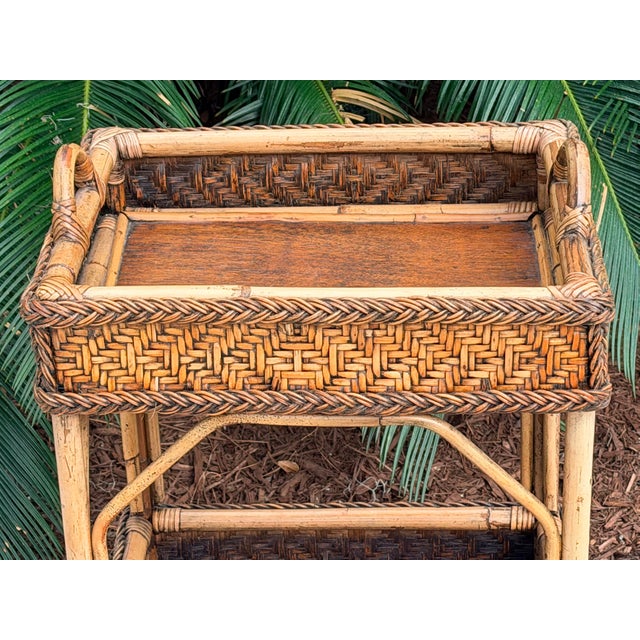 Vintage Bamboo Wicker Rattan 2-Tier Table Stand Occasional Table For Sale - Image 10 of 12