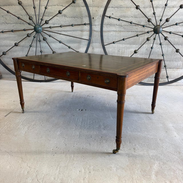 For your consideration, a vintage Baker Furniture mahogany & tooled leather partner's writing desk from the iconic "Crown...