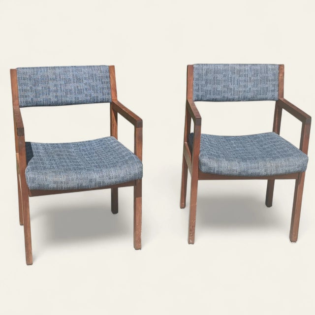 Mid 20th Century Mid Century Modern Blue Tweed Upholstered Walnut Arm Chairs- A Pair For Sale - Image 5 of 17