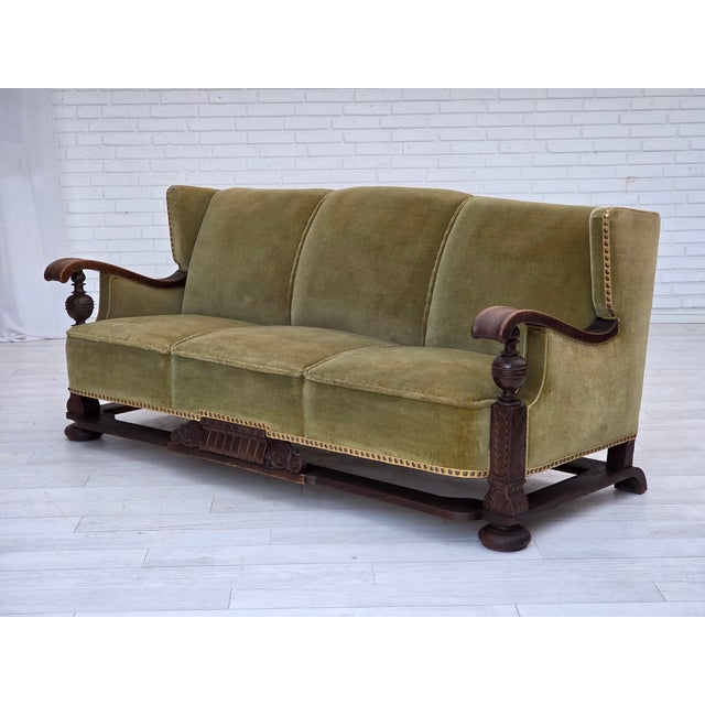 1950s Danish Three-Seater Sofa in Velour and Oak, 1950s For Sale - Image 5 of 18
