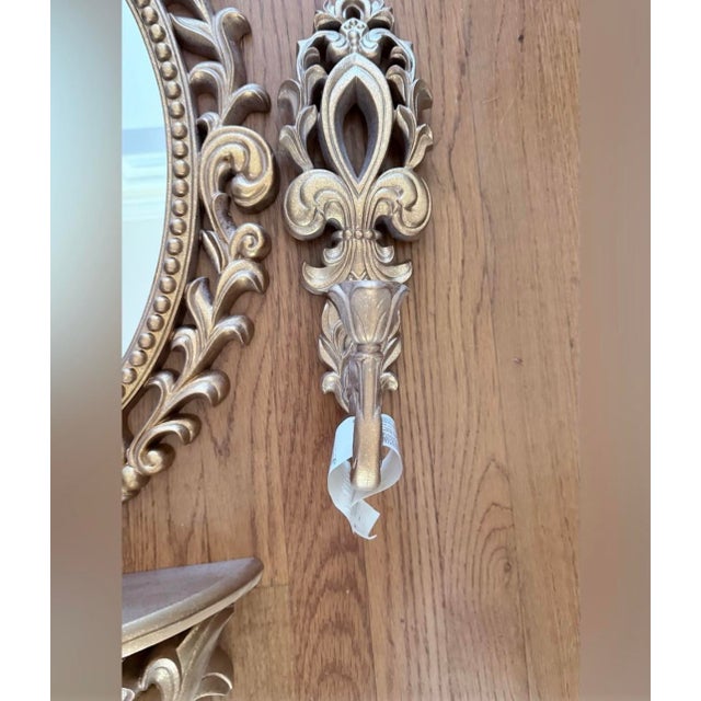 1980s Vintage Ornate Gold Wall Mirror Set With Shelf and Candleholders For Sale - Image 5 of 11