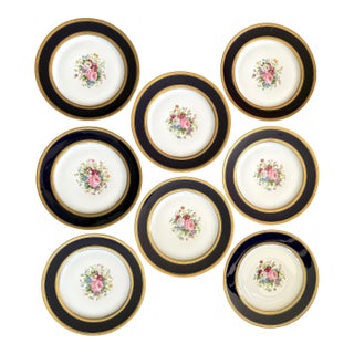 Antique Charles Ahrenfeldt Limoges Cobalt and 24k Gold Porcelain Limoges Dinner Plates - Set of 8 For Sale