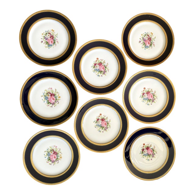 Antique Charles Ahrenfeldt Limoges Cobalt and 24k Gold Porcelain Limoges Dinner Plates - Set of 8 For Sale