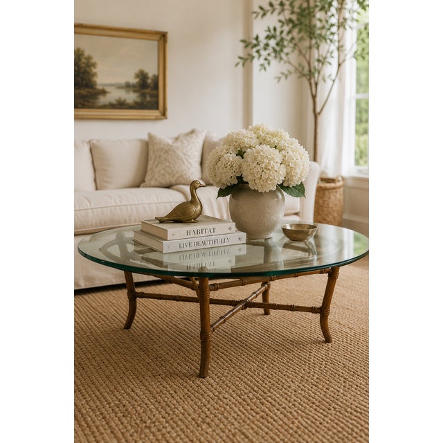 1970s Maitland Smith Style Faux Bamboo and Glass Oval Coffee Table For Sale In Chicago - Image 6 of 6