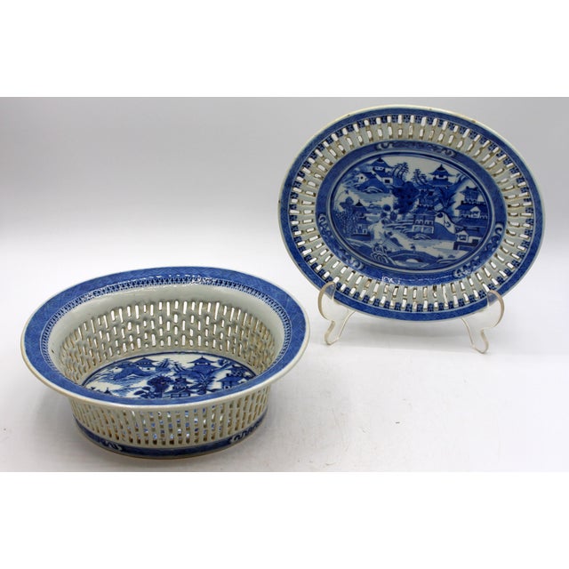 Circa 1870s-80s Chinese blue & white porcelain chestnut basket with undertray. Finely decorated with triangle & diaond...