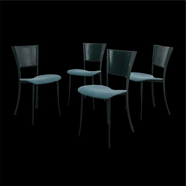 Vintage Chairs in Black Metal with Leather and Aqua Green Fabric, 1980s, Set of 4 For Sale - Image 13 of 13