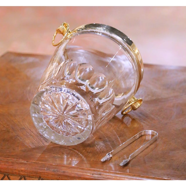 Champagne Mid-Century French Cut Glass Champagne Bucket With Brass Ring Handles With Tongs For Sale - Image 8 of 8
