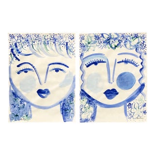 Contemporary Painting Diptych “Blue Ladies” Gouache on Paper by CL Auker For Sale
