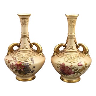 Blush Ivory Dolphin Handled Vases from Royal Worcester, 1900s, Set of 2 For Sale