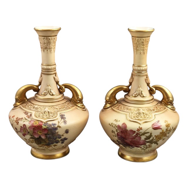 Blush Ivory Dolphin Handled Vases from Royal Worcester, 1900s, Set of 2 For Sale