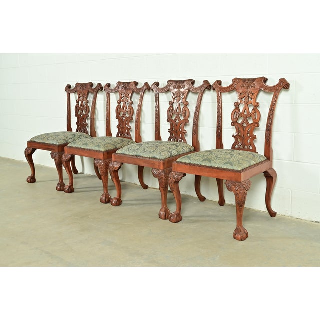 English Baker Furniture Style Chippendale Carved Mahogany Dining Chairs, Set of Four For Sale - Image 3 of 12