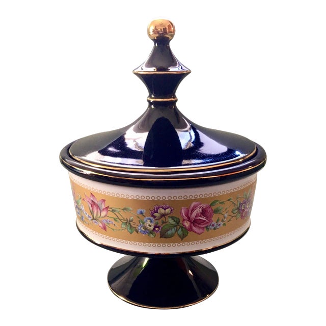 Italian Cobalt Blue Gold Floral Banded Footed Dish For Sale