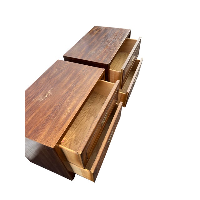 Campaign Henredon Style Vintage Campaign Nightstands or End Table With Brass Hardware, A Pair For Sale - Image 3 of 7