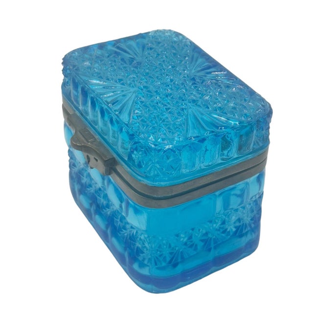 Traditional Blue Czechoslovakia Pressed Glass Box For Sale - Image 3 of 6