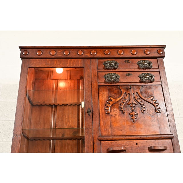 Wood Antique Victorian Carved Oak Smoker's Display Cabinet With Drop Front Desk, Circa 1900 For Sale - Image 7 of 13