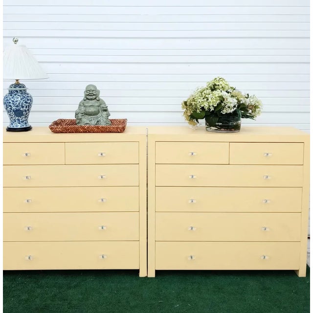 Light Yellow Extra Large Serena and Lily Pale Yellow Grass Cloth Covered Lucite Pulls 6 Drawer Chest of Drawers- a Pair For Sale - Image 8 of 13