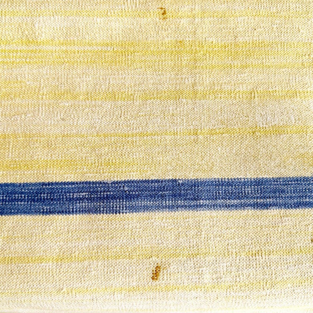 Contemporary Vintage ABC Carpet 8’ X 12’ 100% Cotton Light Yellow, White Strié Pattern Rug With 1” Marine Blue Stripe For Sale - Image 3 of 4