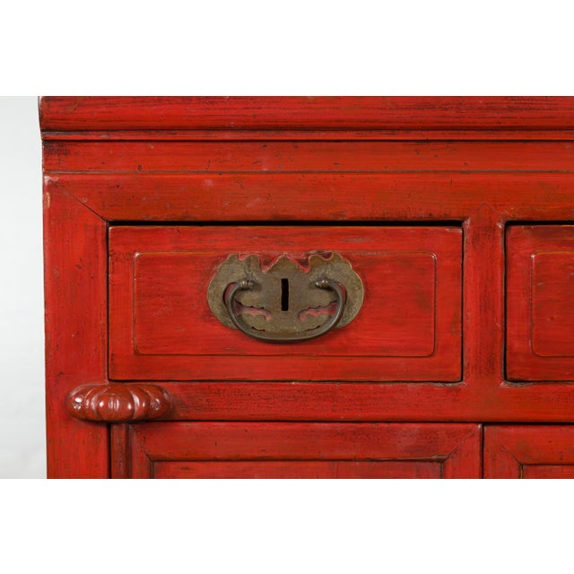 Qing Dynasty 19th Century Chinese Red Lacquer Cabinet with Drawers and Doors For Sale - Image 11 of 13