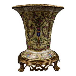 United Wilson UW 1897 Crackle Hand Painted Floral Bronze & Porcelain Vase For Sale